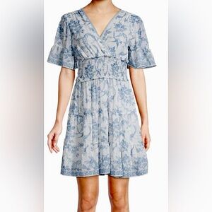 MAX STUDIO Blue and White Floral Georgette Tiered Dress